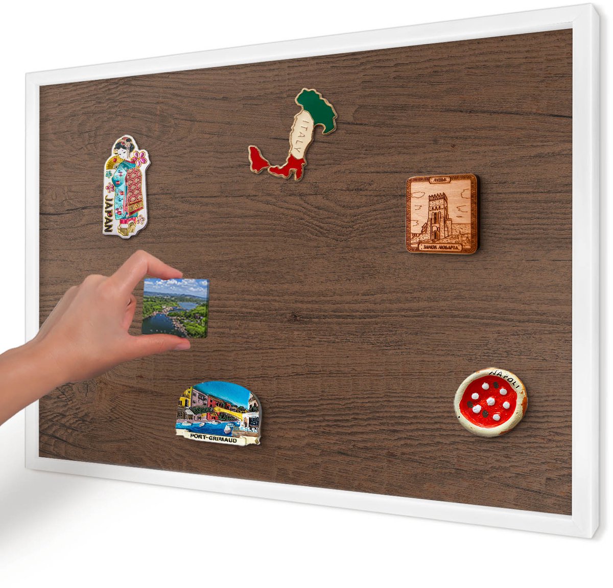 Artprintcave Bruin Magneetbord mit Witte Lijst - 60x40 cm - Houtstructuur Magneetbord Voor Foto's - Rustiek Memobord Keuken - Texturen