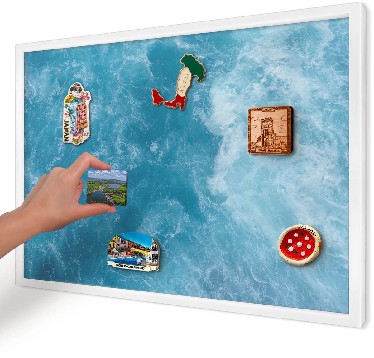 Artprintcave Blauw Magneetbord mit Witte Lijst - 60x40 cm - Oceaangolven Wandbord Magnetisch - Abstract Memobord Keuken - Natuur