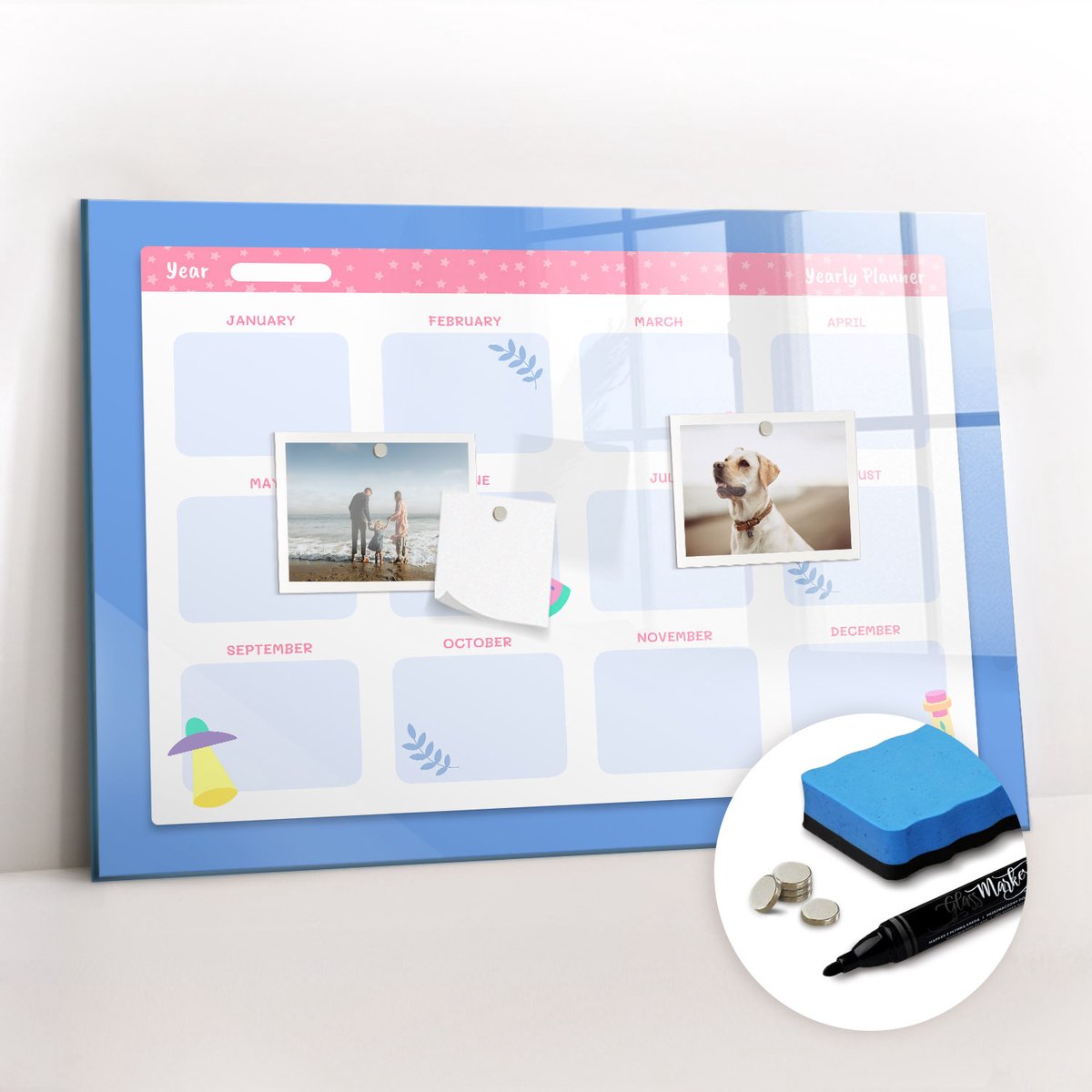 Tulup Whitebord - Maandplanner voor op kantoor - 60 x 40 cm - Blauw Magnetisch Wandbord - Gratis 5 Sterke Magneten + Whiteboard Marker & Wisser - Organizer Muur - Magneetbord Design - Planning Muur