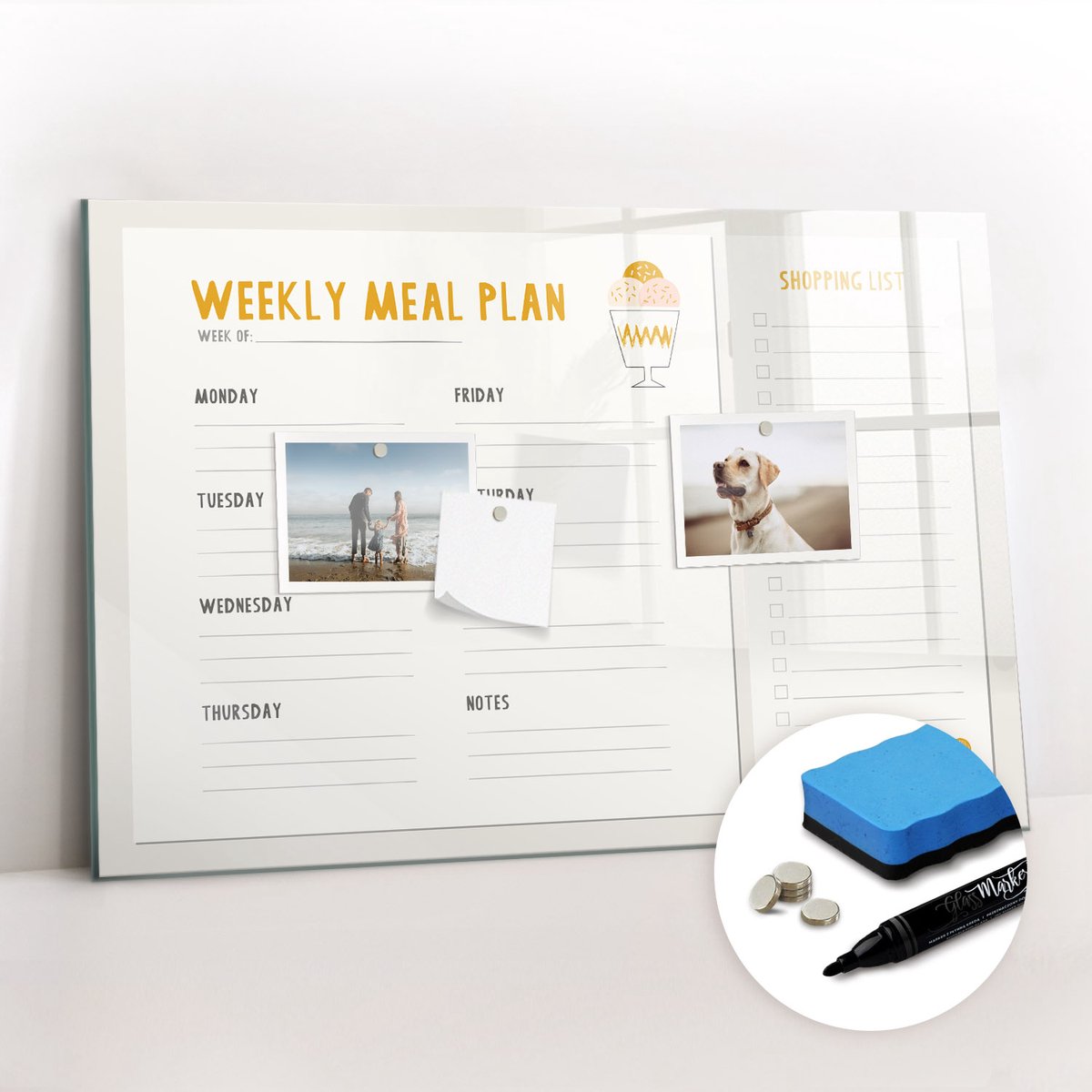 Tulup Whitebord - Maaltijdschema - 60 x 40 cm - Geel Magneetbord Muur - Gratis 5 Sterke Magneten + Whiteboard Marker & Wisser - Minimalistisch Prikbord - Foto Magneetbord - Organiseer Je Bureau