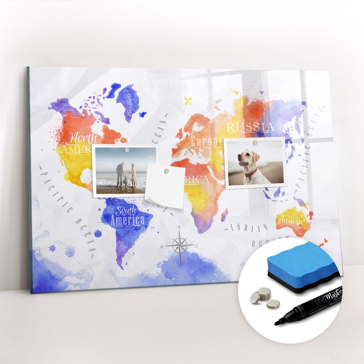 Tulup Whitebord - Geschilderde wereldkaart - 60 x 40 cm - Veelkleurig Memobord Magnetisch - Gratis 5 Sterke Magneten + Whiteboard Marker & Wisser - Organizer Muur - Magnetic Board - Planning Muur