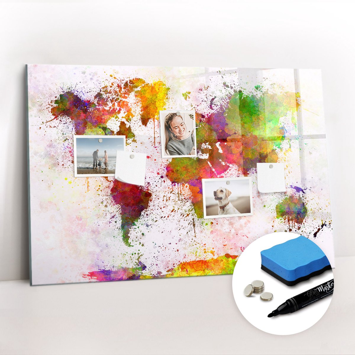 Tulup Whitebord - Artistieke aquarelkaart van de wereld - 90 x 60 cm - Veelkleurig Magnet Board - Gratis 5 Sterke Magneten + Whiteboard Marker & Wisser - Minimalistisch Prikbord - Magnetisch Bord Kind - Planning Muur