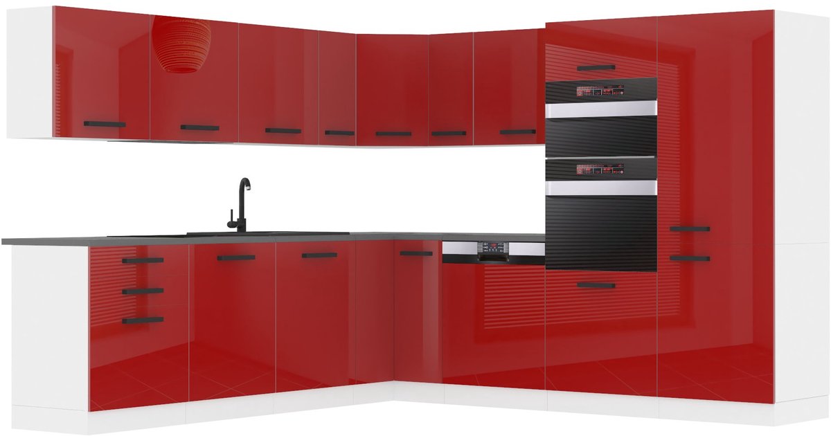 BELINI L-Vorm Keukenblok JANE - Keukenmeubel Set 480 cm Rood Hoogglans zonder Werkbladen - Boven- en Onderkasten