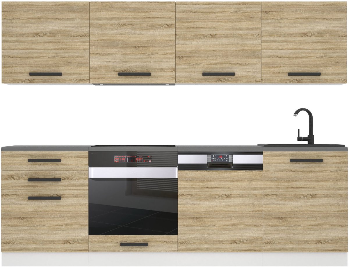BELINI Keukenblok ALICE - Keukenmeubel Set 240 cm Sonoma Eiken met Werkbladen - Boven- en Onderkasten