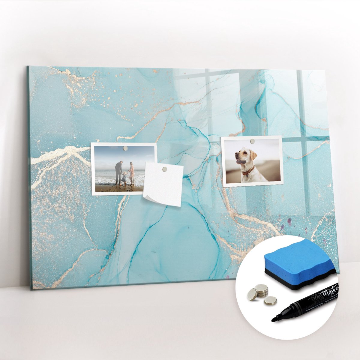 Tulup Whitebord - Decoratief marmer - 60 x 40 cm - Turkoois Magnetisch Memobord - Gratis 5 Sterke Magneten + Whiteboard Marker & Wisser - Wanddecoratie Kantoor - Memobord Keuken - Ideeënbord Thuiswerkplek