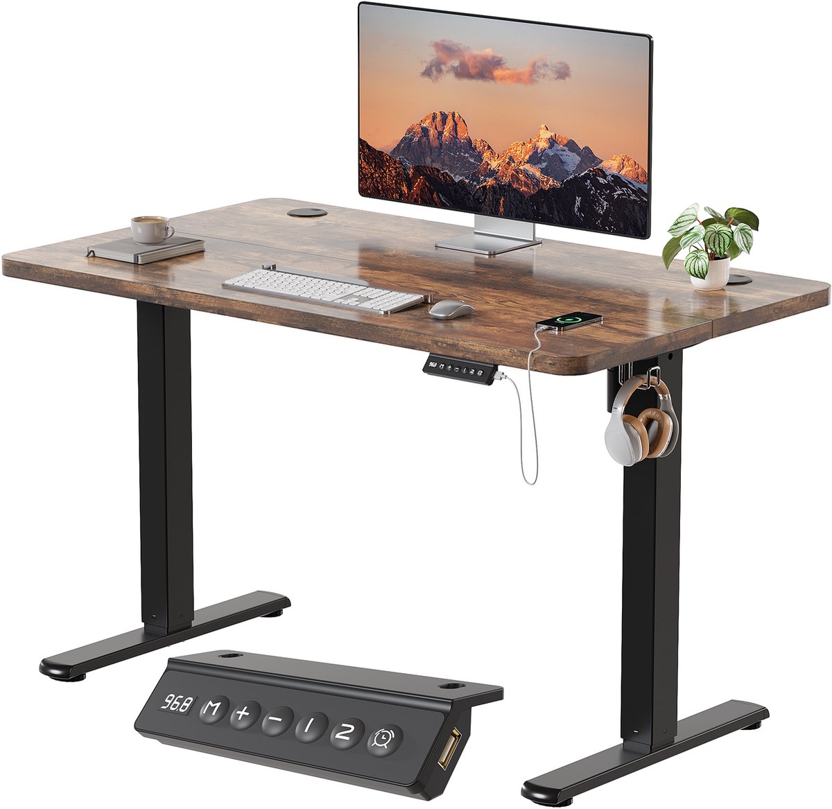 Devoko Elektrisch Hoogteverstelbaar Bureau - Zit-Sta Bureau 100x60 cm - Digitaal Display met 2 Geheugenstanden en Zitherinnering - Bruin