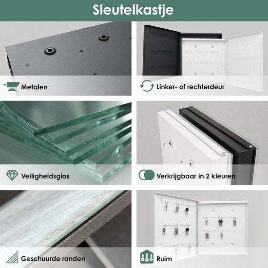 Collage van afbeeldingen die de kenmerken van de sleutelkast tonen: metaal, veiligheidsglas, ronde randen, 2 kleuren, ruim interieur.