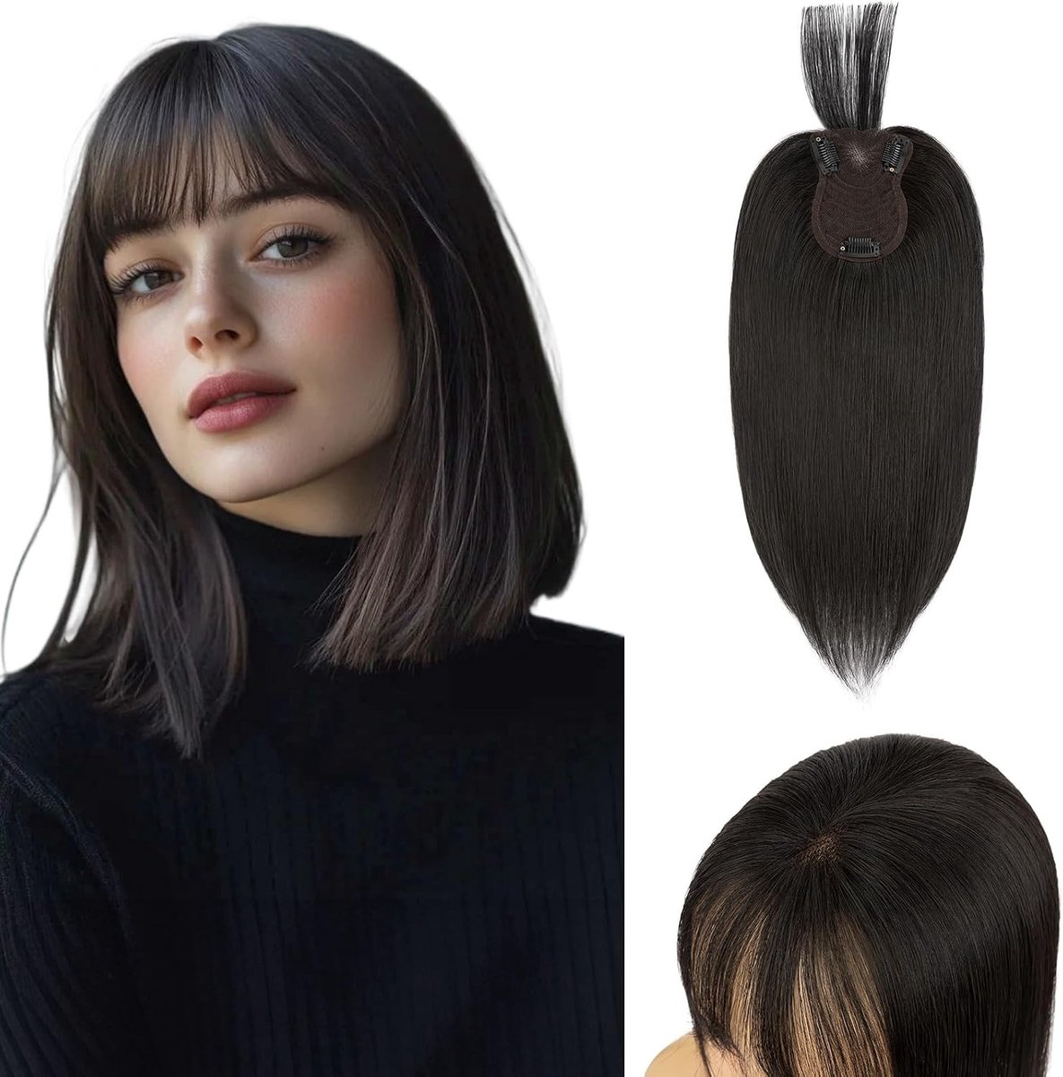 Natuurlijke Clip-in Haarstuk voor Vrouwen, 27g Echte Haar Pony, Handgeweven Basis voor Dun Haar, 25CM #1B
