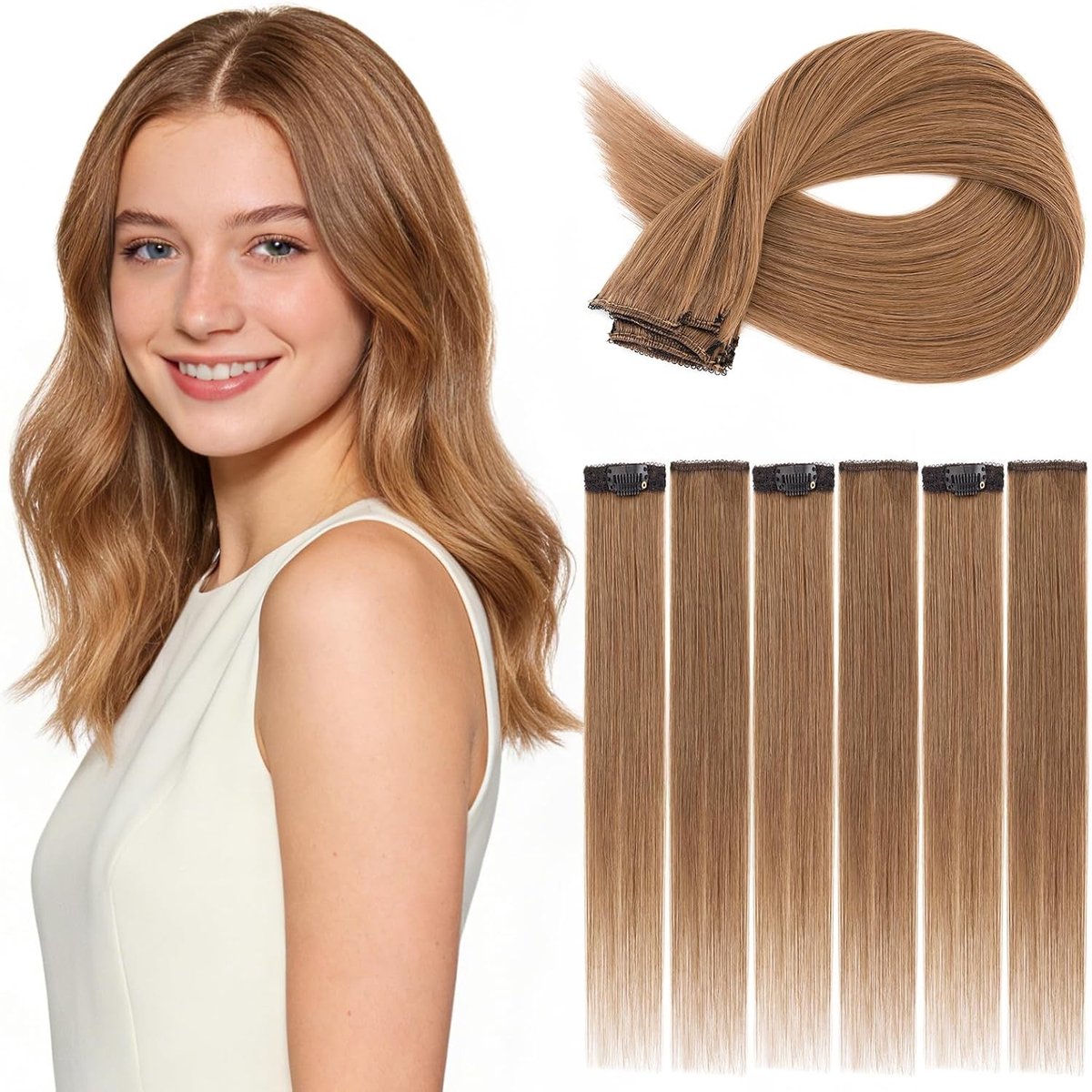 Clip-in Haar Extensions van 100% Echte Menselijke Haar, 6 Stukken met Clips, 25CM Lichtbruin voor Vrouwen en Kinderen, Perfect voor Volumineuze Hairstyling en Gemakkelijke Toepassing