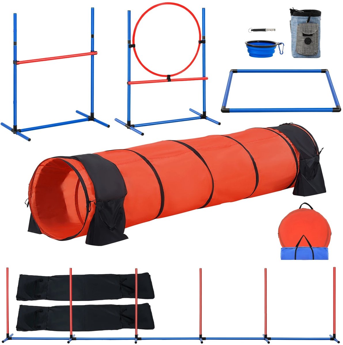 Damenzo – Honden agility set – Honden tunnel – Honden training – Parcours – 5-delig – Inclusief draagtas – Rood – Kunststof