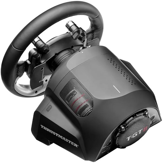 Zwart Thrustmaster T-GT II racestuur en basis met roosterdetails en rode accenten.