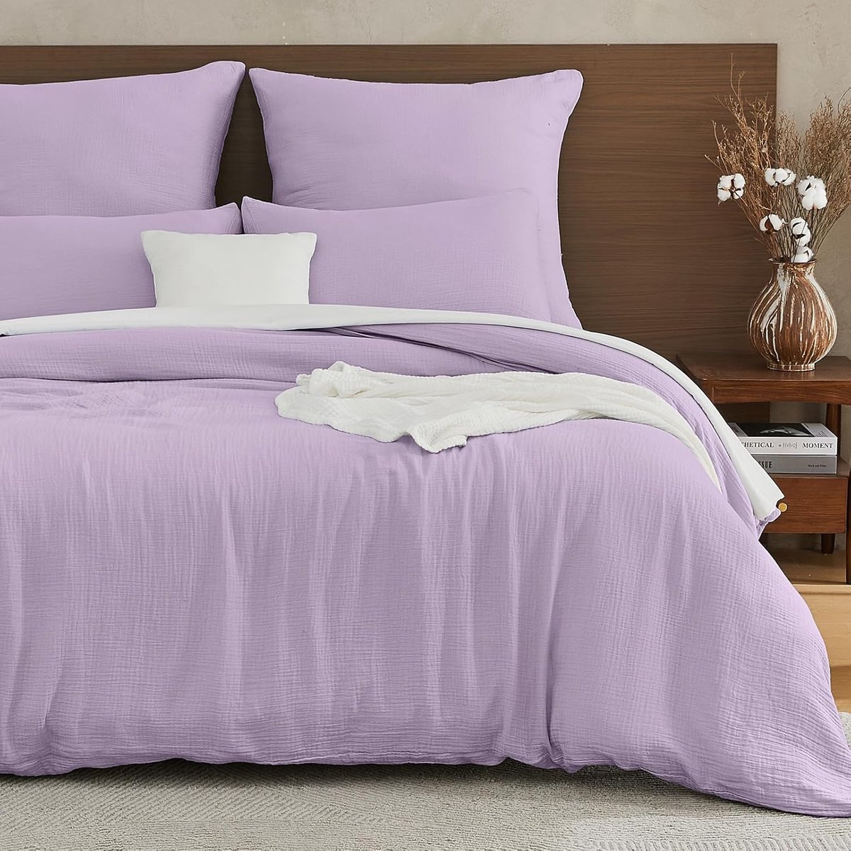 Famanu Musline beddengoedset van 100% katoen, 200x200, met ritssluiting, 1 dekbedovertrek en 2 kussenslopen 80x80 cm, lila Neutraal