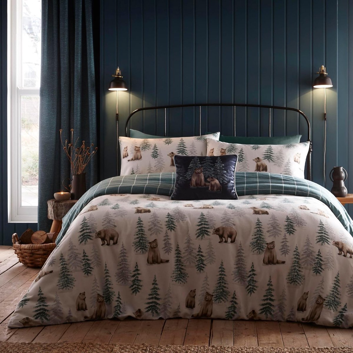 Famanu Woodland Bear & Trees Dekbedovertrek, super kingsize beddengoed , zacht geborsteld 100% katoen, omkeerbaar Neutraal