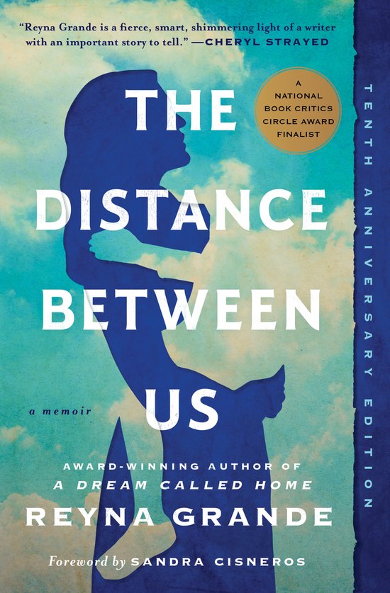 Couverture de livre "The Distance Between Us" sur une silhouette bleue d'une femme sur un fond de ciel.