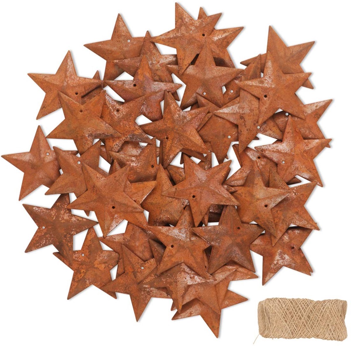 Dailygoods- Metalen Sterren 50 Stuks - Roestige Decoratie - Hangende Versiering - Jute Tou
