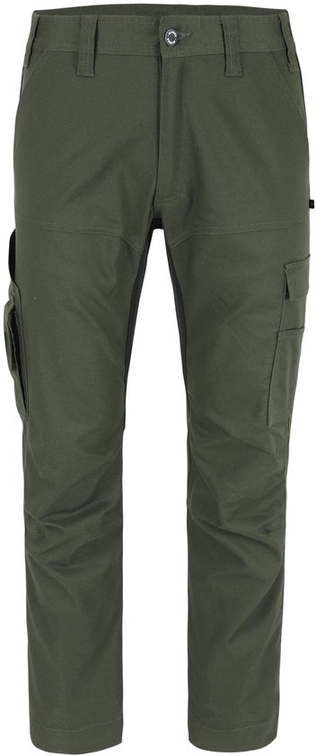 Pantalon de travail vert foncé avec empiècement élastique noir sur les côtés et poches cargo.