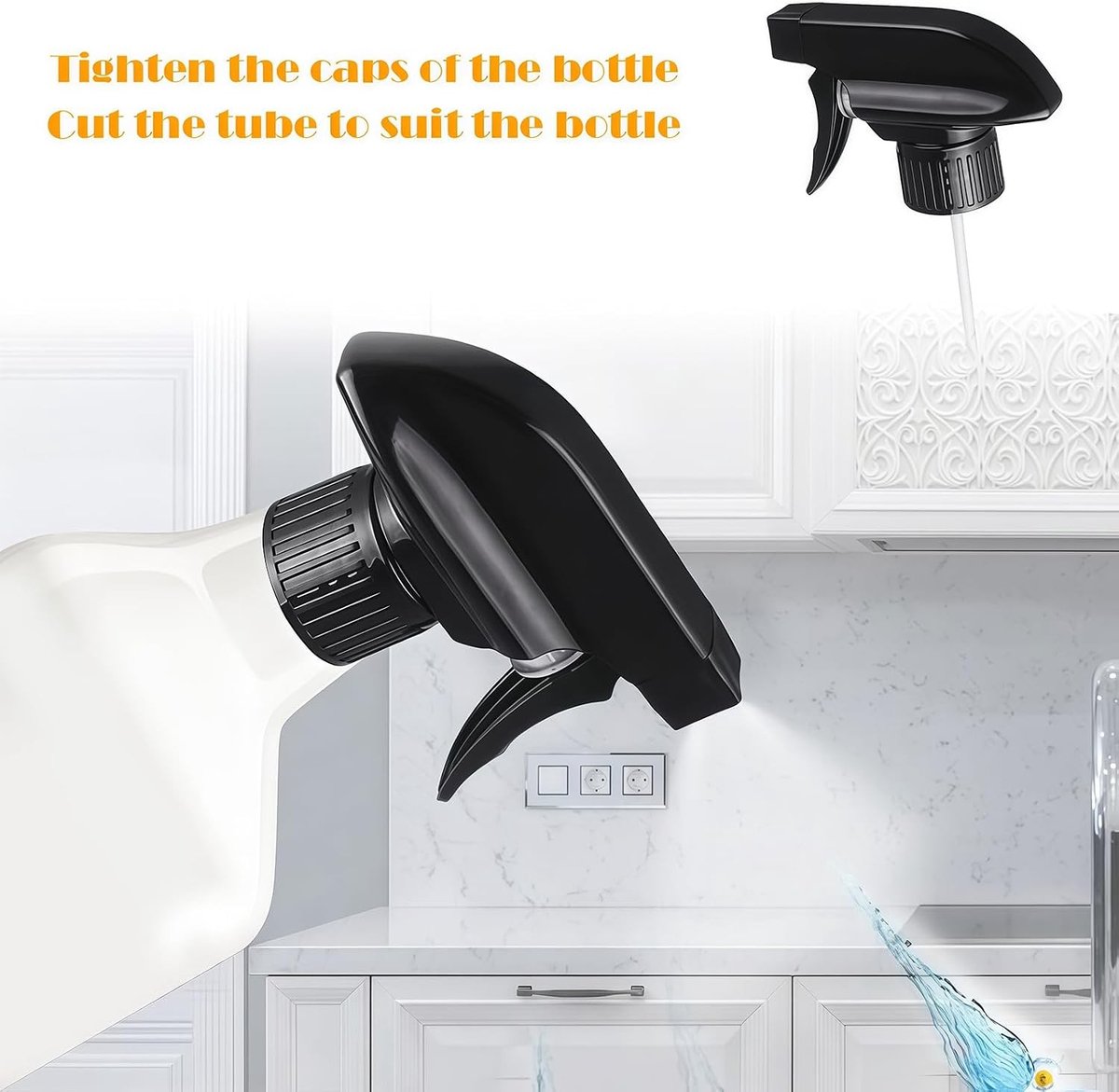 Zes Stuks Zware Plastic Spraykoppen voor 8oz/16oz Flessen - Vervangbare Mistverstuivers voor Tuin en Huishouden, Zwart, Gebruiksvriendelijk, Duurzaam