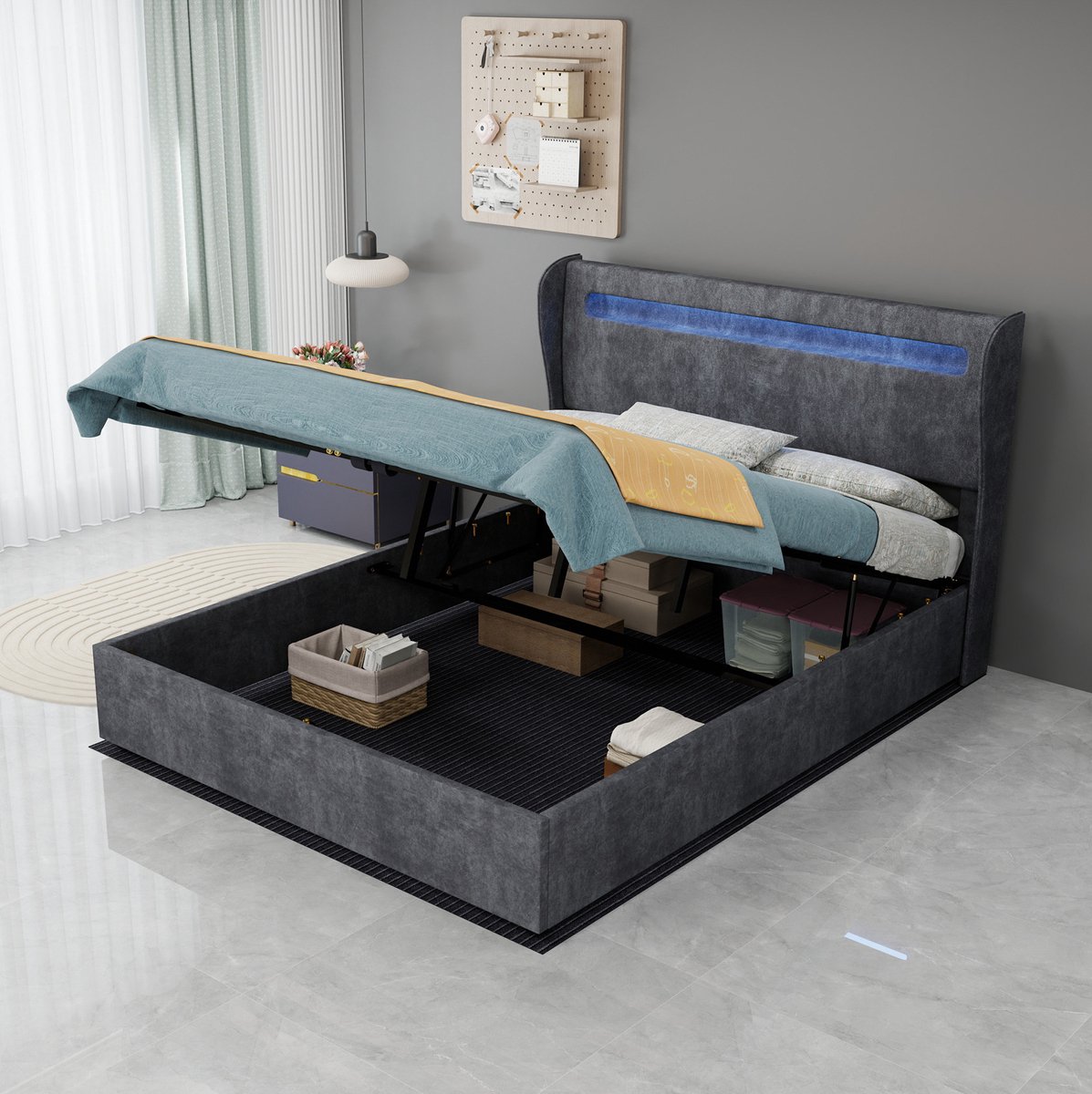 DESMIU Gestoffeerd Bed 140x200 cm – Led-Hoofdbord Met Sfeerverlichting – Gaslift Opbergruimte – Tweepersoons – Stof En Metaal – Grijs – Zonder Matras