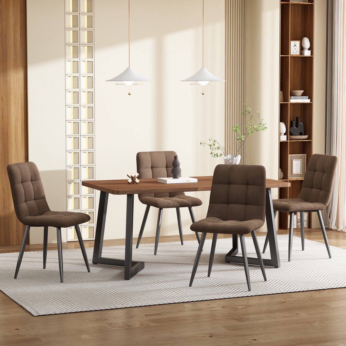 COVREO Eettafelset 117x68x75 cm walnootkleur, MDF tafel met 4 stoelen