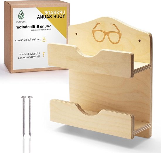 Houten brilhouder voor in de sauna, met afbeelding van een bril. Inclusief spijkers en verpakking.