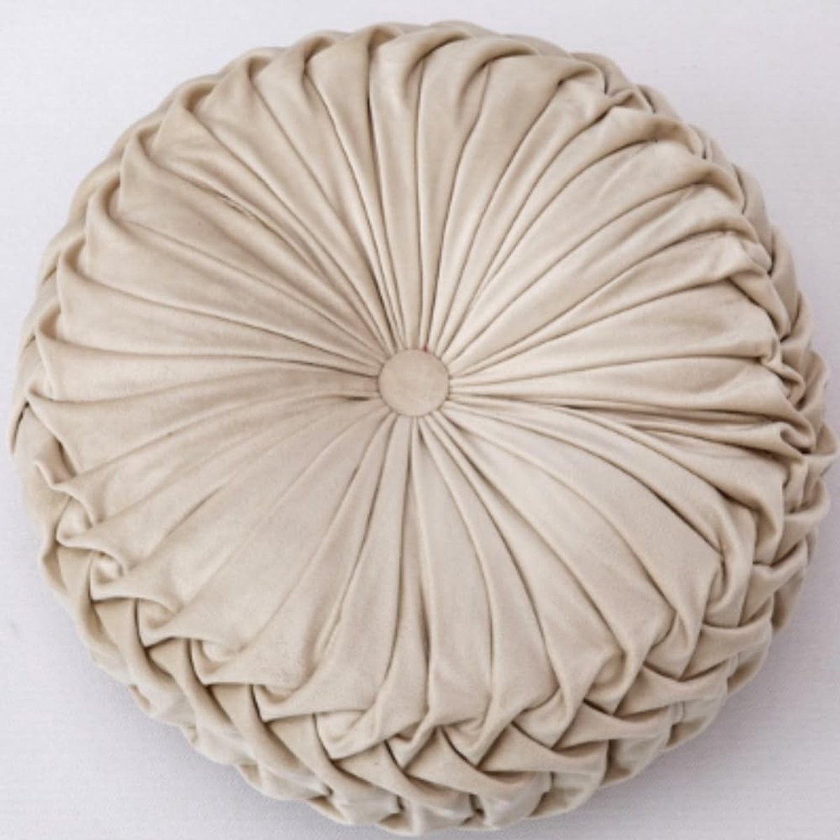 Ronde 35cm Kussen van Velours in Effen Kleur, Geplooid Rond Kussen voor Thuis, Auto en Beddecoratie (Beige)
