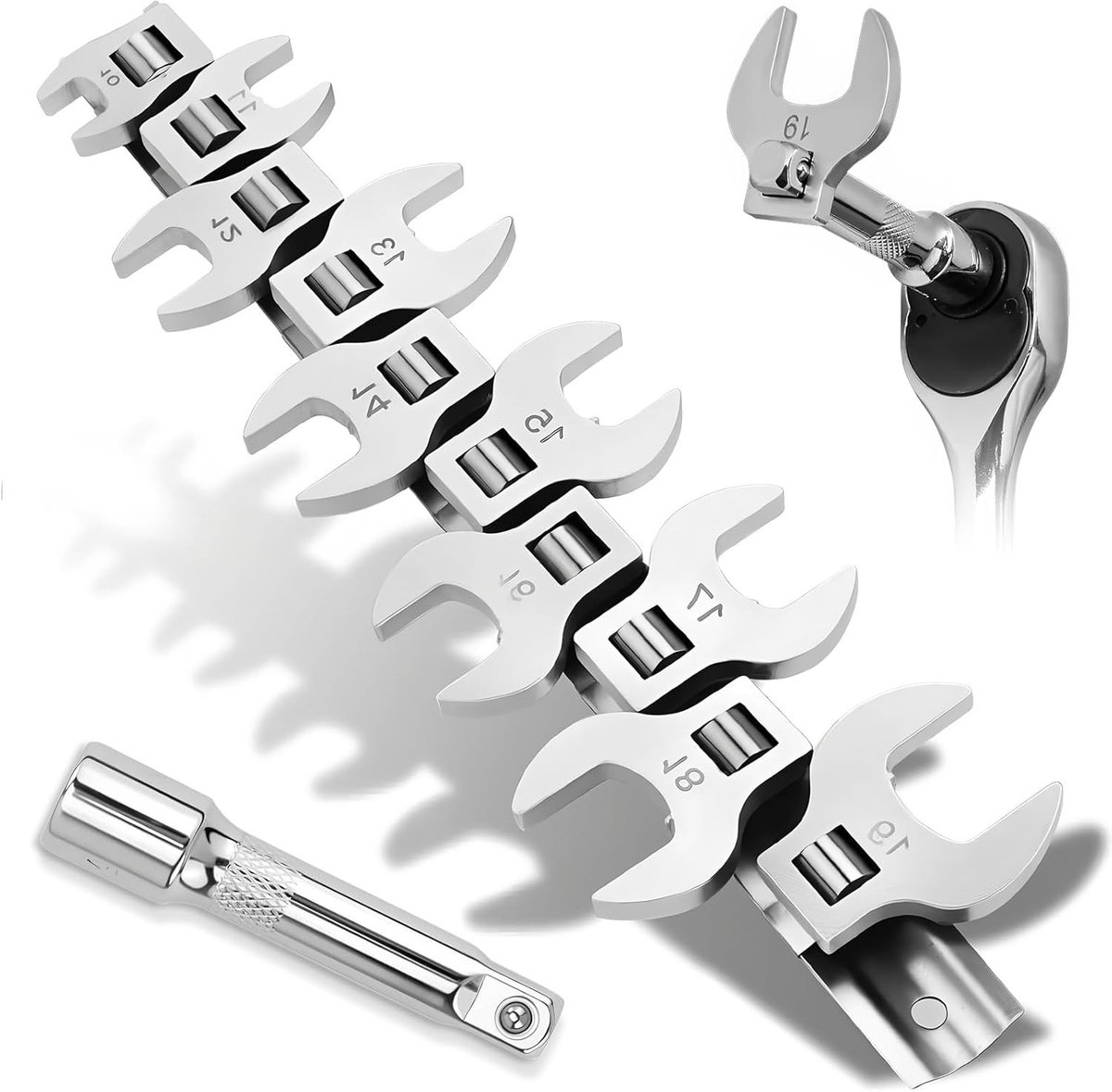 Complete 11-delige steeksleutelset met momentsleutel 3/8 inch, 10-19 mm met 75 mm verlengstuk en Cr-V staal