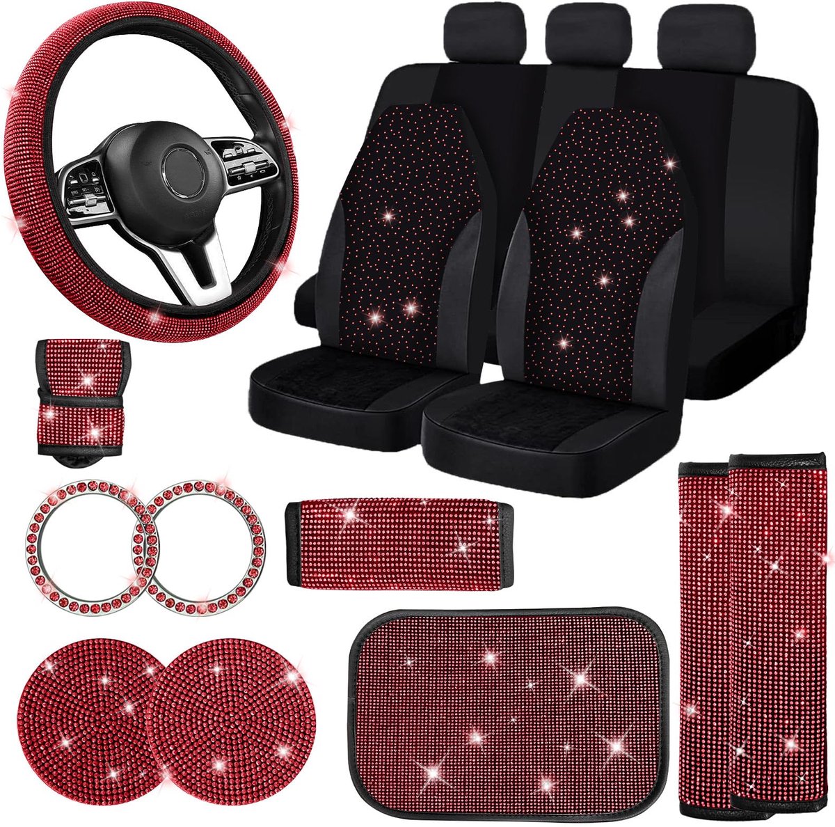 SnelShoppen - 17 Stuks Bling Autostoelhoezen Set Auto Diamant Accessoires Strass Kristal Stuurhoes Bling Fluweel Ademend Glitter Middenconsole Pad Uni