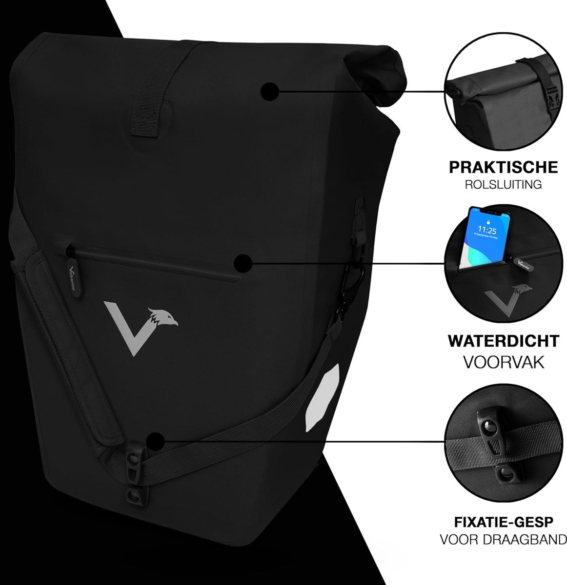 SnelShoppen - Valkental Bagagedragertas 28 liter, PVC-vrij, afsluitbare bevestiging, grote reflectoren, incl. draagriem en binnenvakken voor fietstoch