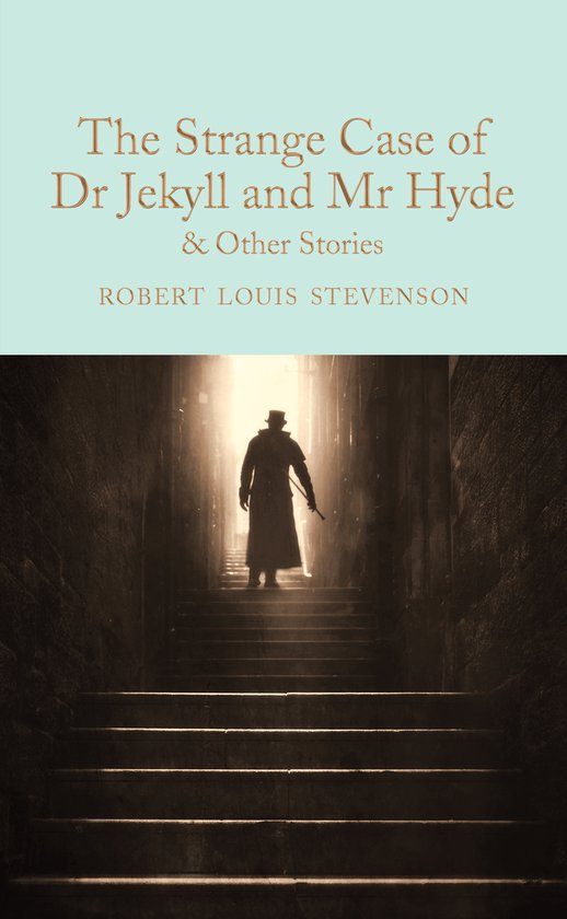 Boekhoes: De Vreemde Zaak van Dr Jekyll en Mr Hyde & Andere Verhalen door Robert Louis Stevenson. Een figuur met een hoed en lange jas loopt een trap op.