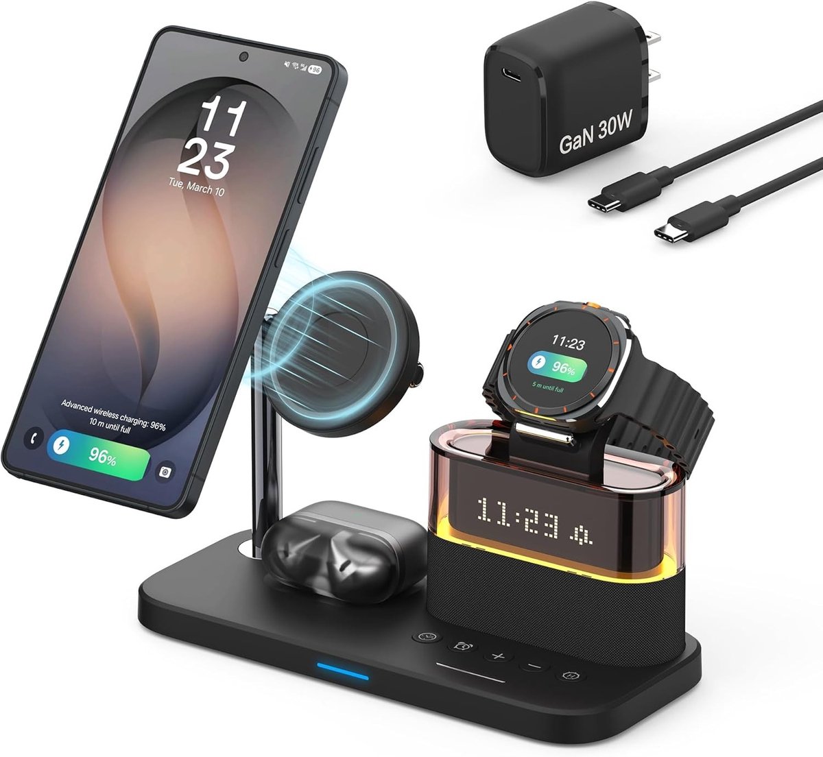 Draadloos Oplaadstation 3-in-1 met Magnetische Ring, Snellader en Nachtlampje voor Smartphones, Inclusief QC 3.0 Adapter (Zwart)