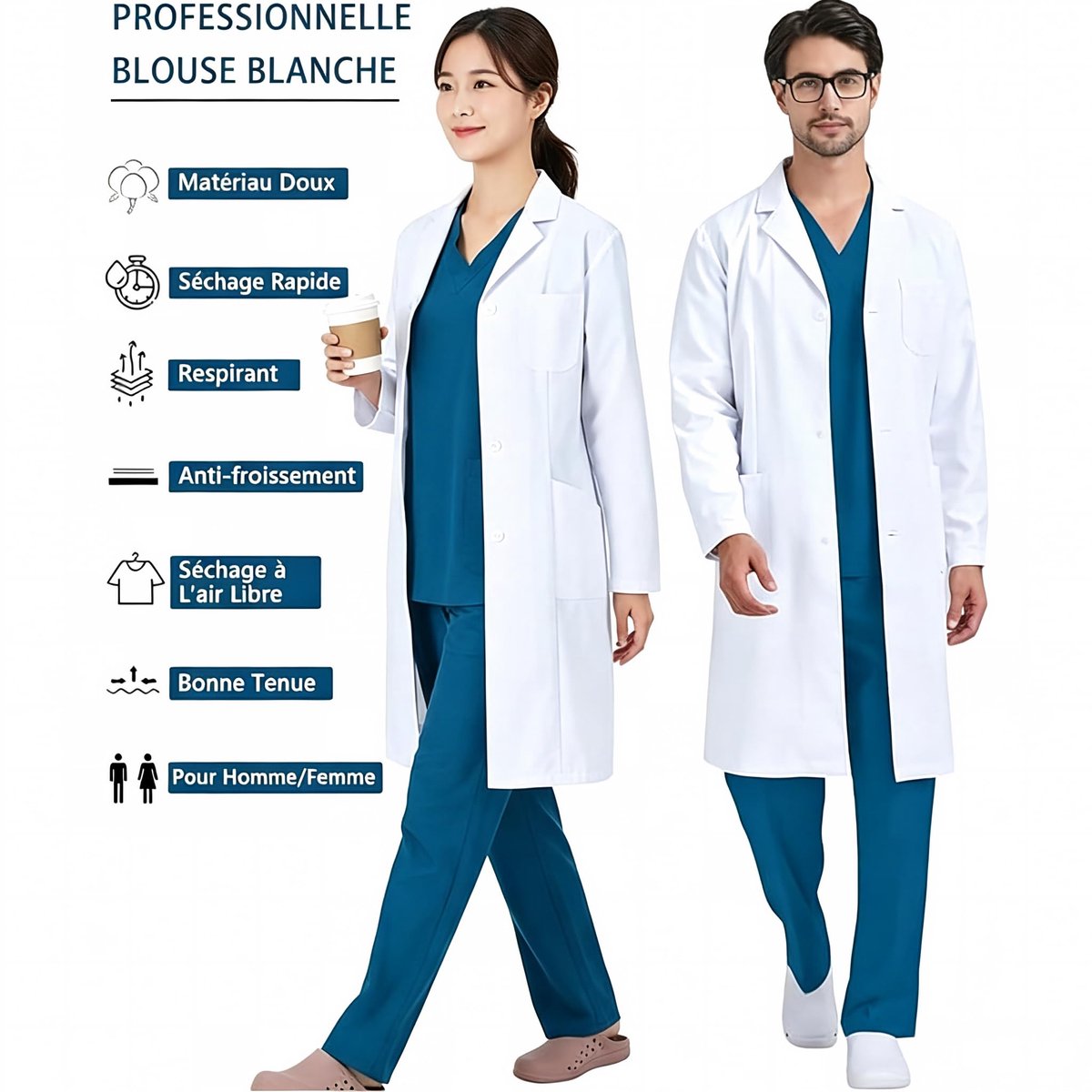 SnelShoppen - Laboratoriumjas voor Dames en Heren, Katoenen Doktersjas met Knopen, Lange Mouwen, 3 Zakken, Chemische Werkkleding in Wit, Beschermende