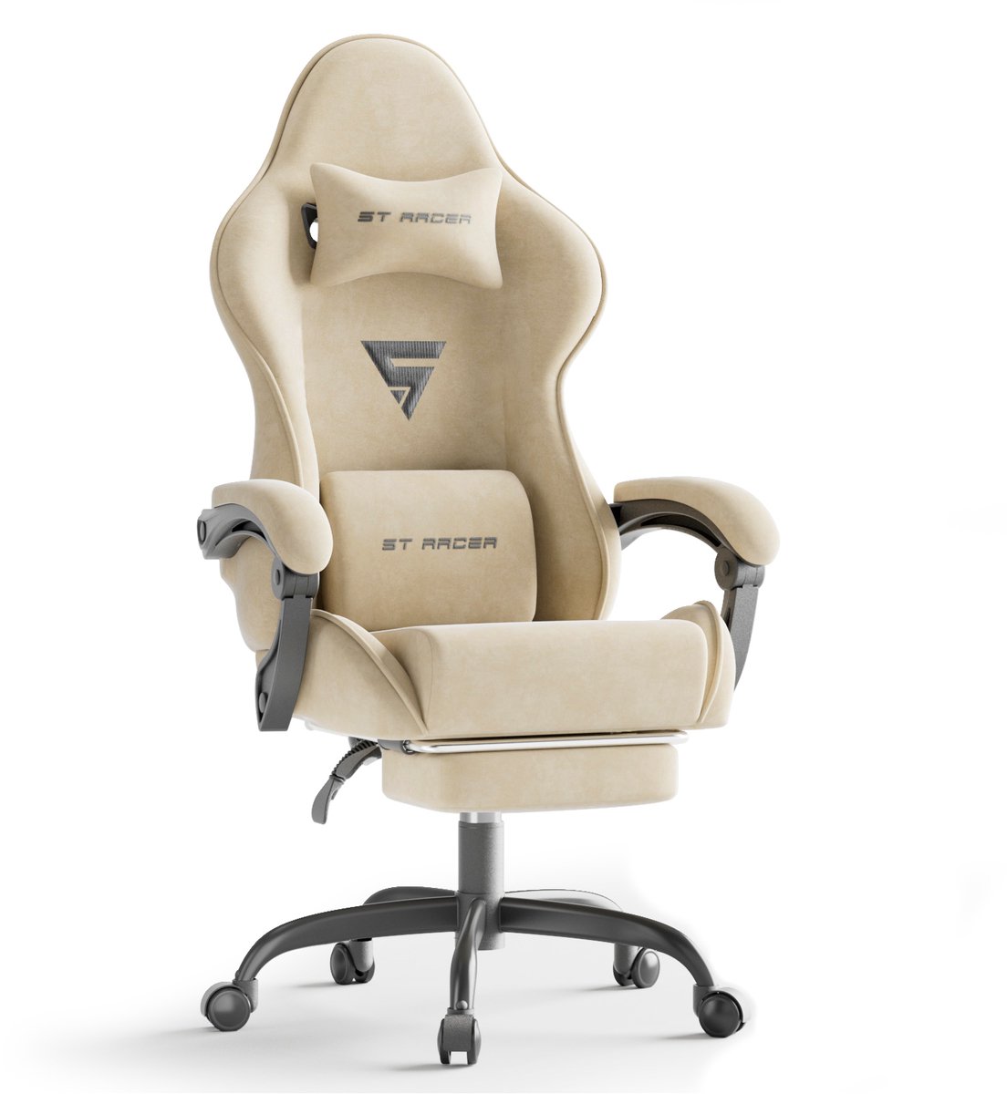 Arvioo-Gaming Stoel-Fluweel-Voetensteun-Massage Lendenkussen-Crème Wit