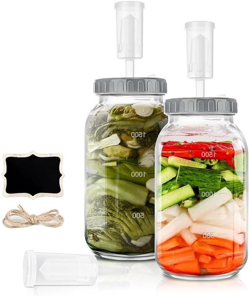 Fermentatiekit van 2 stuks, 2 liter glazen fermentatiecontainer met luchtlock voor kimchi, zuurkool, jam en kefir