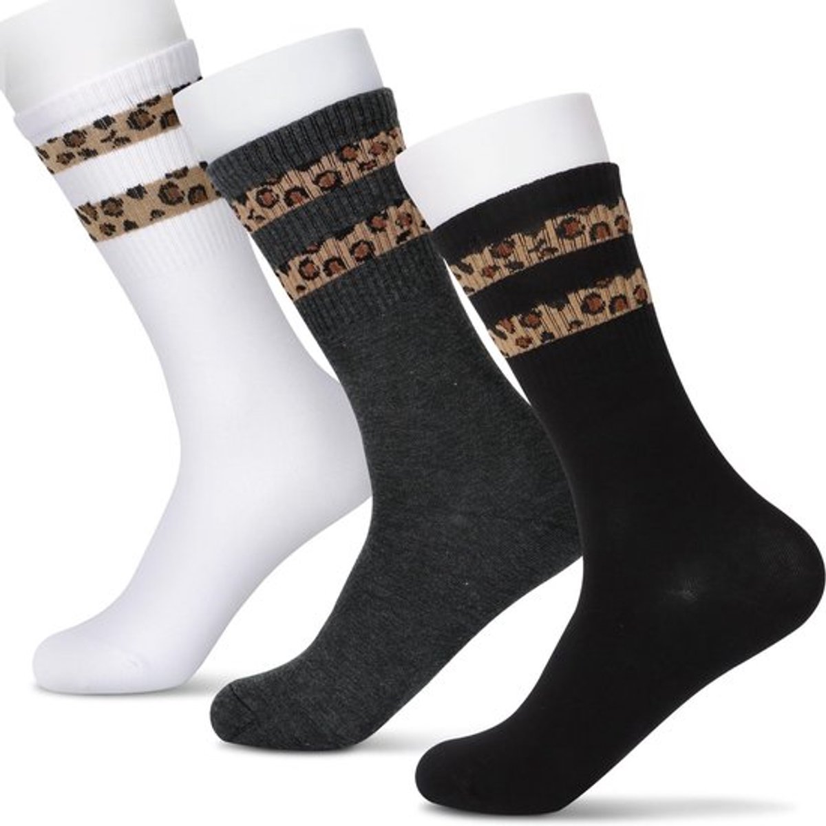 Sokken Set van 3 - Dames Sokken 35/41 - Katoenen Sokken - Luipaardpatroon - Ademend - Comfortabele Pasvorm