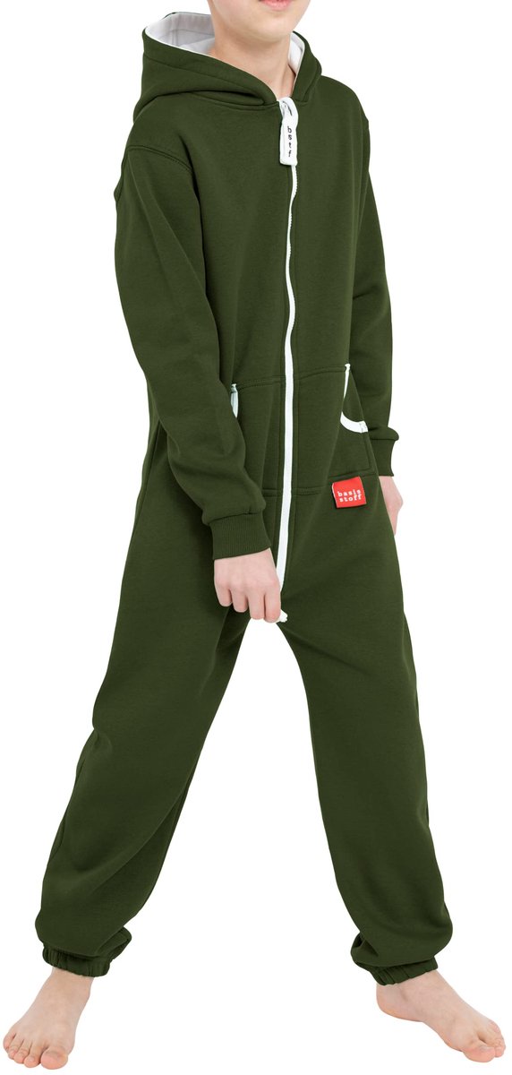 SnelShoppen - Olijfgroen Yuppie Jumpsuit voor Kinderen, Jongens, Meisjes, Onesie, Overall, Pak, Maat 134-140, Perfect voor Feest, Camping en Spelen