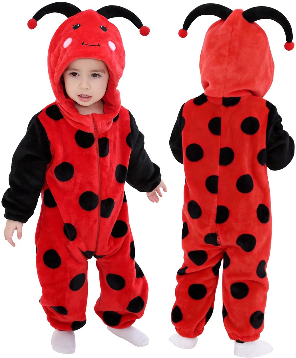 SnelShoppen - Doladola Baby Rompertje Flanel Dier Hooded Jumpsuits voor Peuters, Slaapkleding en Speelkleding voor Kinderen van 2-3 jaar, Lieveheersbe