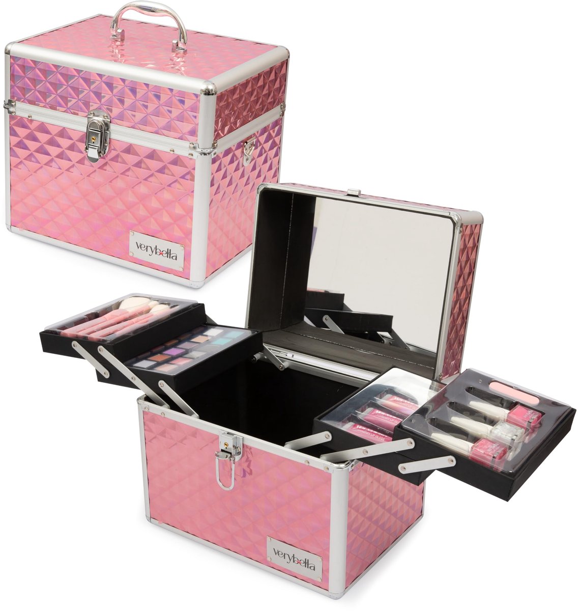 SnelShoppen - Make-upkoffer met Schouderriem en Handvat, 31 x 22,5 x 27 cm, 4 Planken op Twee Niveaus, Spiegel, 4 Make-upkwasten, 18 Oogschaduwkleuren
