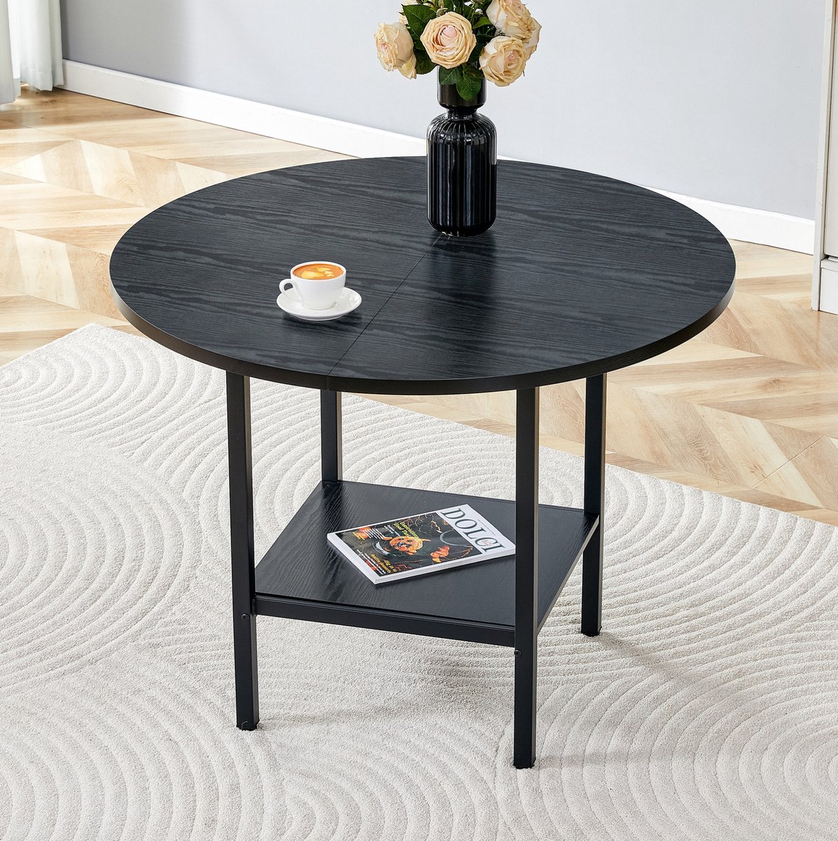 DESMIU Eettafel - Rond Design Met Opbergplank Voor 4 Tot 6 Personen - Voor Keuken En Eetkamer - MDF En Metaal - 100x100x77 Cm - Zwart