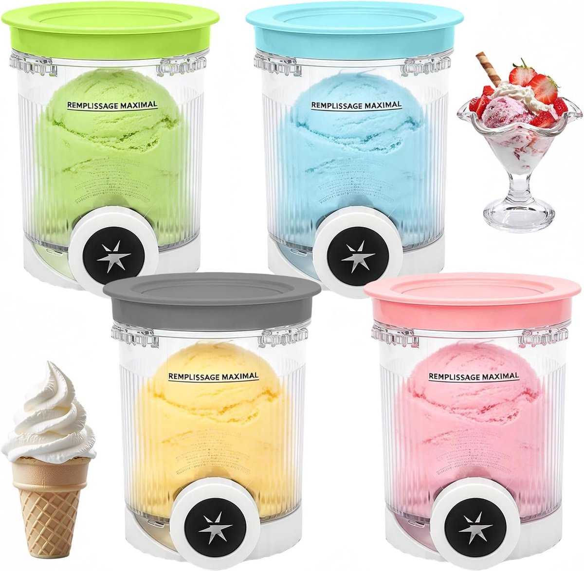IJshouder 480 ml met gekleurde deksels voor ijsmachine, BPA-vrij, vaatwasmachinebestendig, ideaal voor ijsliefhebbers en accessoires
