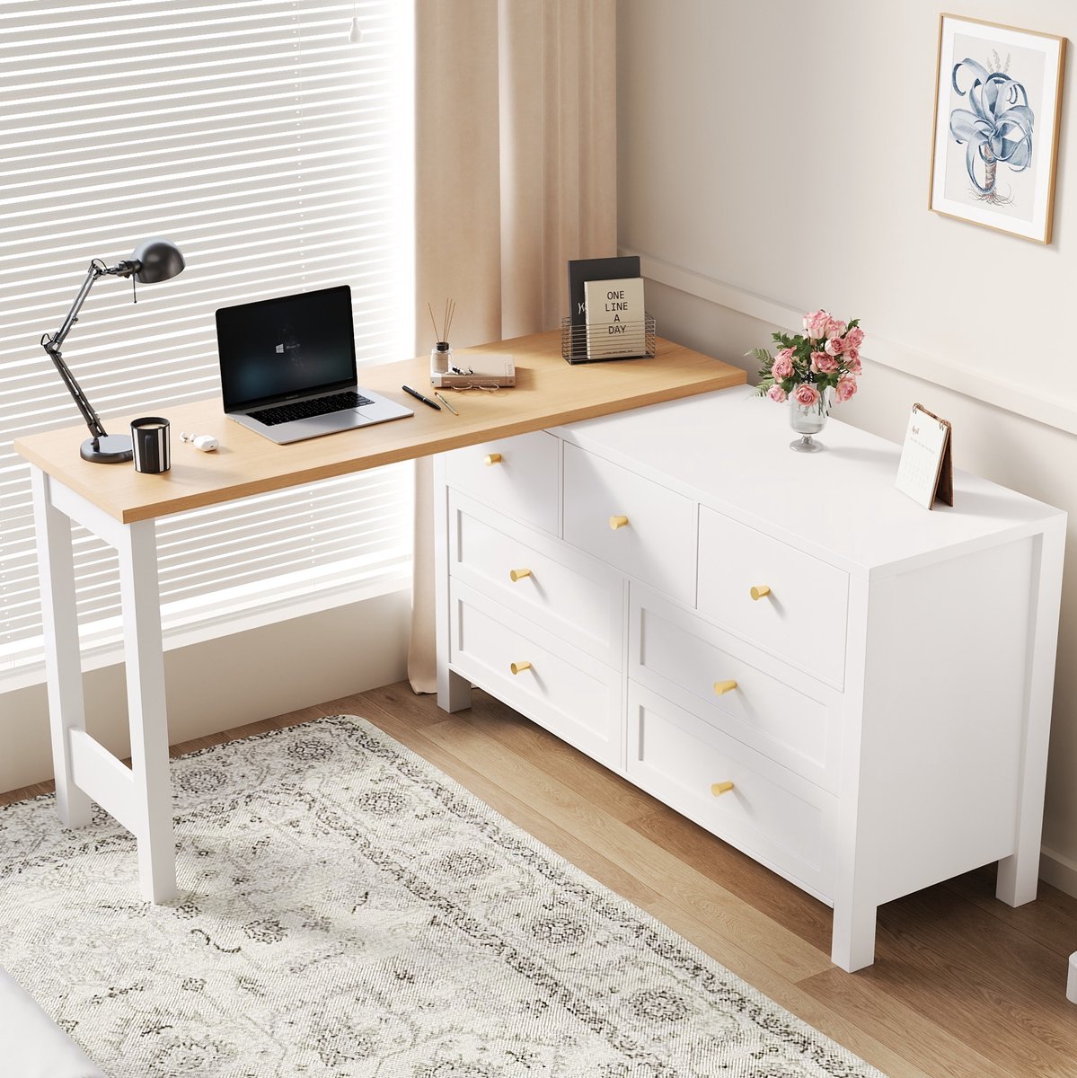 MODENUIT Bureau - Draaibaar Tafelblad Met 7 Lades - L-vormig Voor Werkruimte - Spaanplaat - Wit/Eiken - 120x40x70 Cm