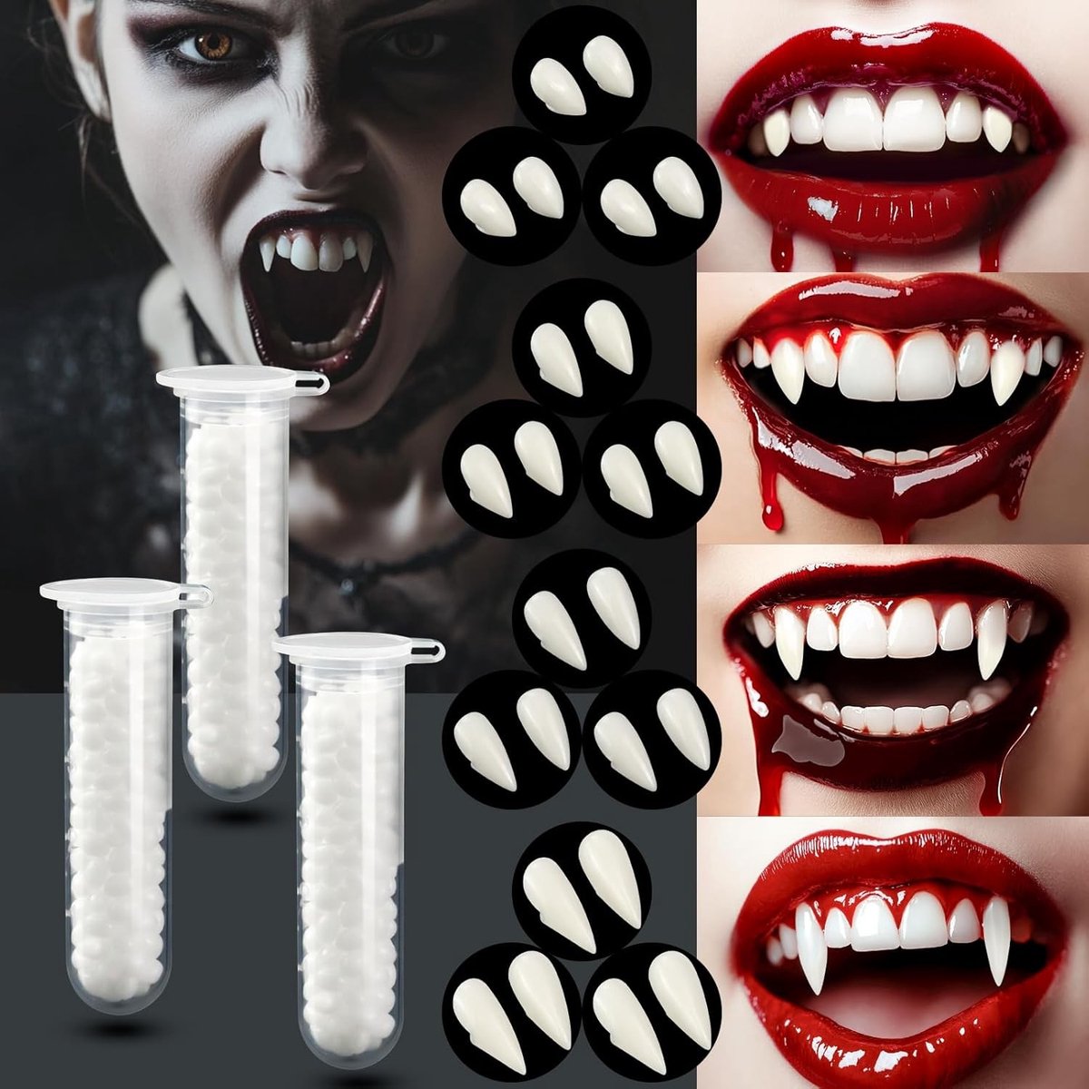 Vampier Tanden Set van 12 Paren voor Halloween Cosplay - Diverse Maten, Inclusief Lijmpellets voor Demon en Heks Kostuums