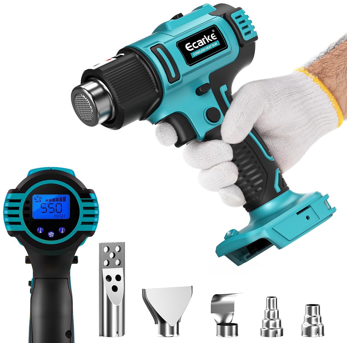 SnelShoppen - Heteluchtpistool 350 W voor Makita 18 V, Instelbare Temperatuur 50-550 °C, LCD-Display, 5 Sproeiers, Voor Krimpen, Verwarmen, Lassen (Zo