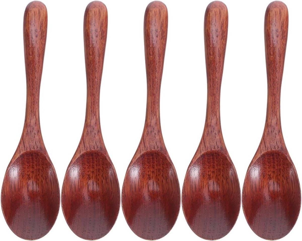 Set van 5 Kleine Houten Koffielepels met Lange Handgreep, Japans Geïnspireerde Roerlepel voor Honing, Espresso, Desserts, Thee en Sauzen, Ergonomisch Ontwerp