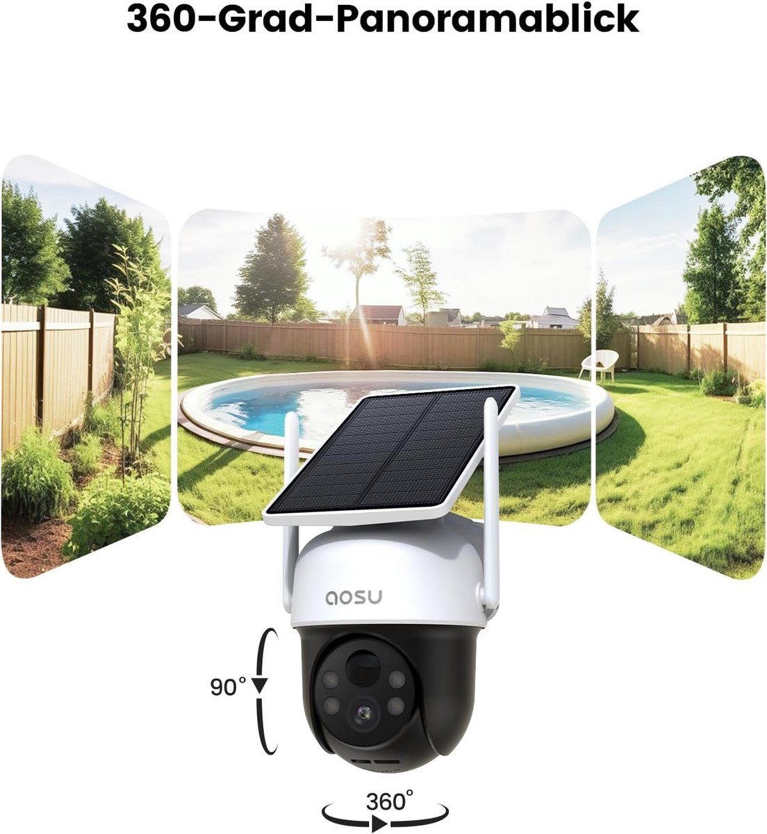 SnelShoppen - 2K Bewakingscamera voor Buiten met Zonne-accu, 3 MP, 360° PTZ Panorama, Ingebouwd Zonnepaneel, PIR Bewegingsherkenning, Automatische Vol
