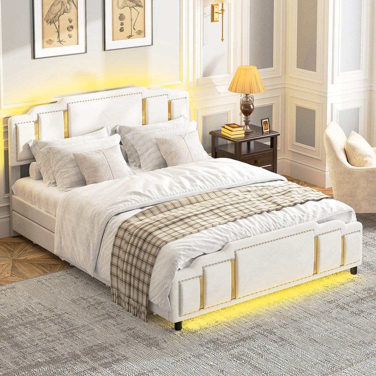 DESMIU Bedframe 140 x 200 cm Zonder Matras – Gestoffeerd Tweepersoonsbed Met Ledverlichting En Opberglades – Modern Luxe – Beige