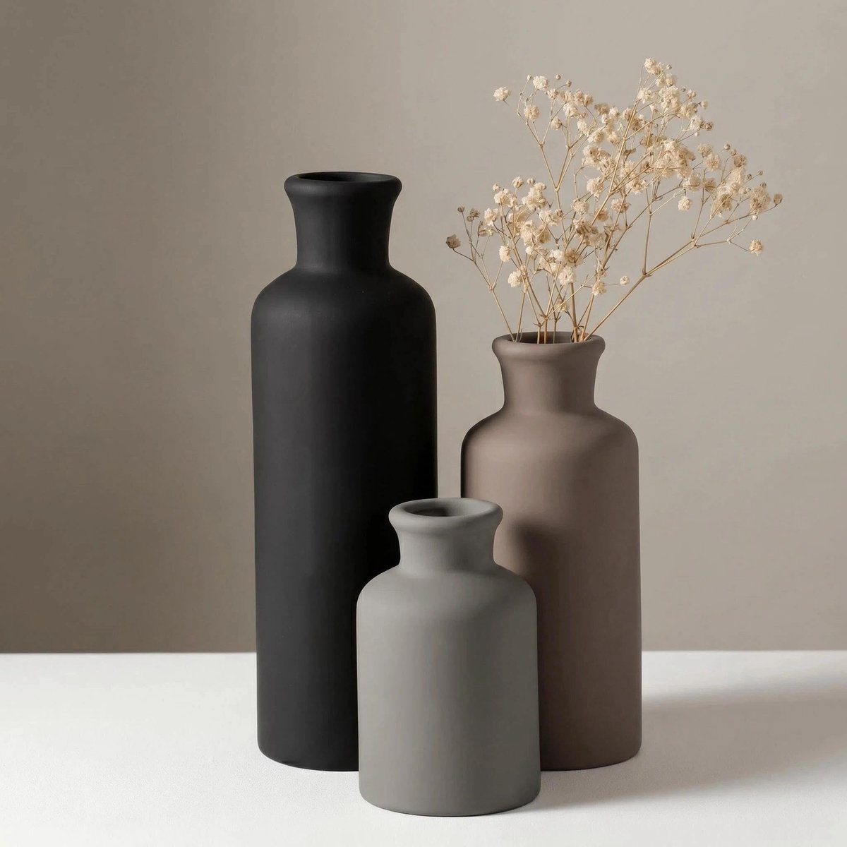 SnelShoppen - Moderne Decoratieve Vazenset 3-delig in Mat Grijs, Zwart en Beige, Cilindrische Keramiek Vazen voor Minimalistische Woonkamerdecoratie