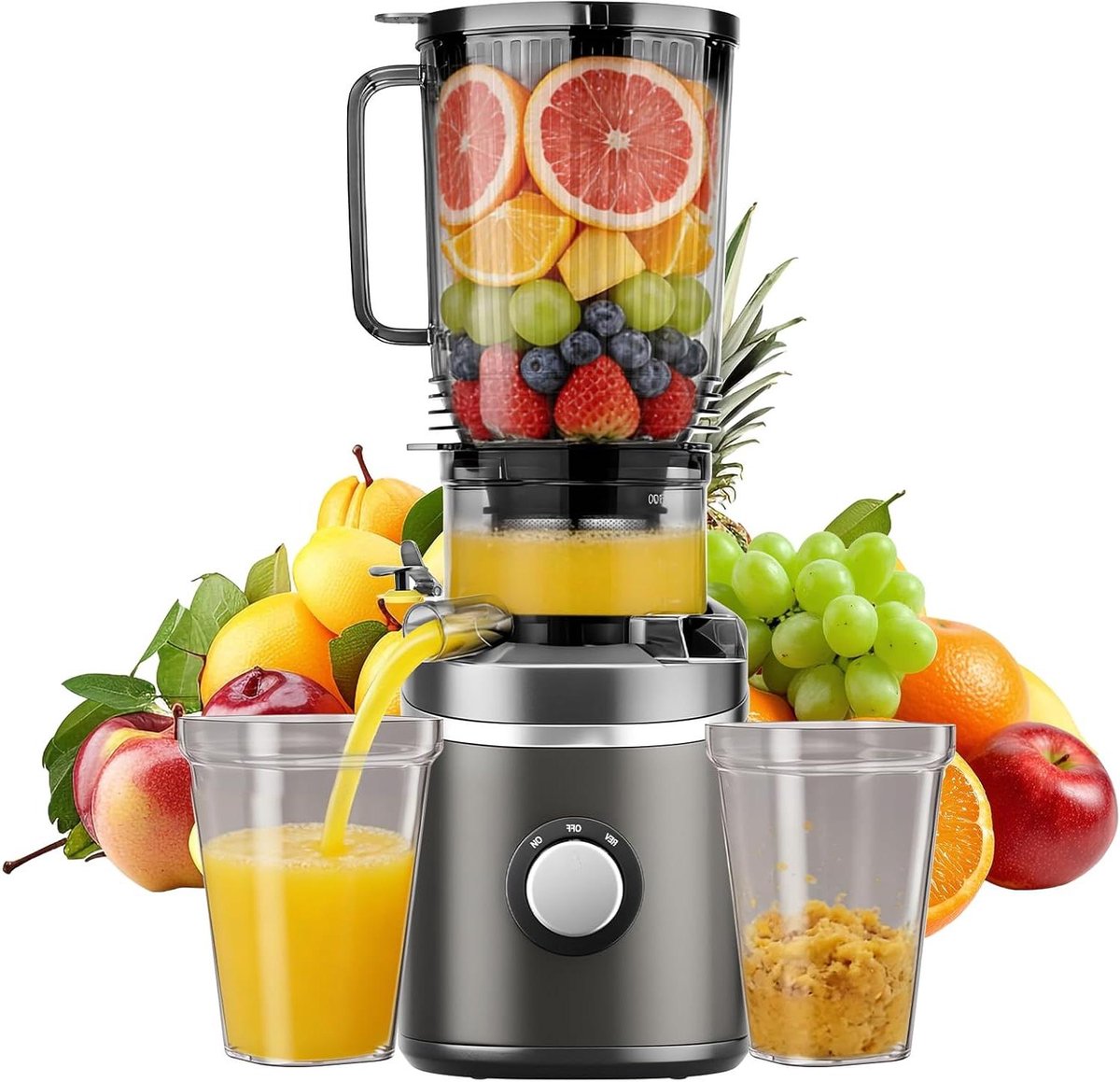 Slowjuicer - Sapcentrifuge Koude Pers - Gezond Sap Maken - Grote Vulopening - 2.3 Liter - Grijs