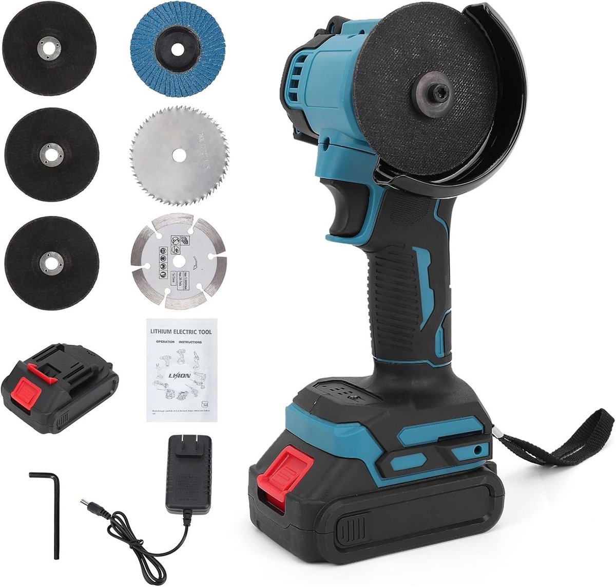 Mini Haakse Slijper 21 V Accu, 10.000 rpm, 76 mm - Inclusief 2 Batterijen en 7 Schijven voor Snijden, Polijsten en Schuren