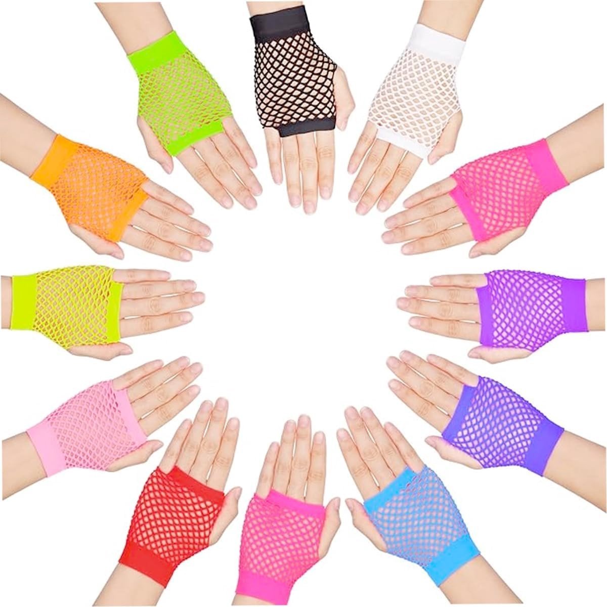Korte Vingerloze Net Handschoenen - Perforated Nylon, Funky Retro en Elegante Accessoires voor Avondkleding en 1920s Feestkostuums, Wit - 12 Paar