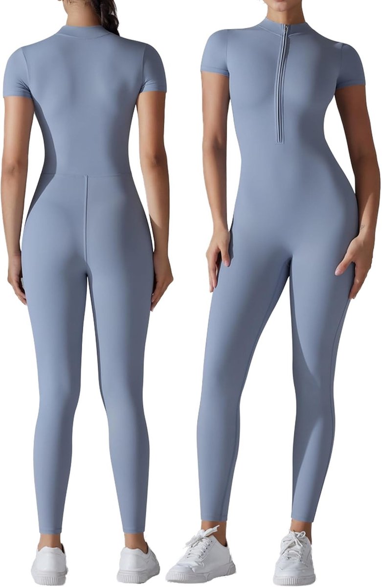Yoga Jumpsuit voor Dames - Bodycon Bodysuit met Korte Mouwen voor Fitness en Workout - Blauw, Maat S, Sportieve Kleding